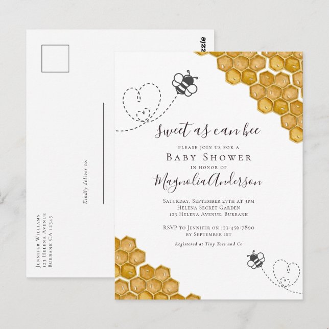Sweet as Can Bee Baby Shower Invitation Postcard (Front/Back)