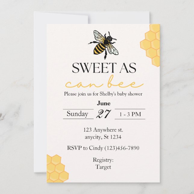Sweet as can bee babyshower bee thème invitation (Devant)
