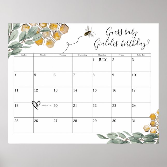 Sweet as can Bee Eucalyptus Shower Due Date Guess Poster (Front)