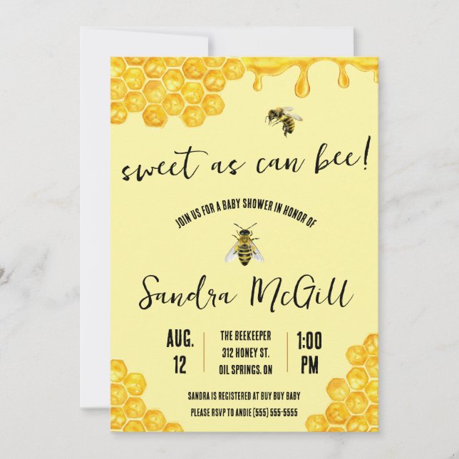 Sweet as Can Bee!  Honeybee, Honey, Baby Shower Invitation (Front)