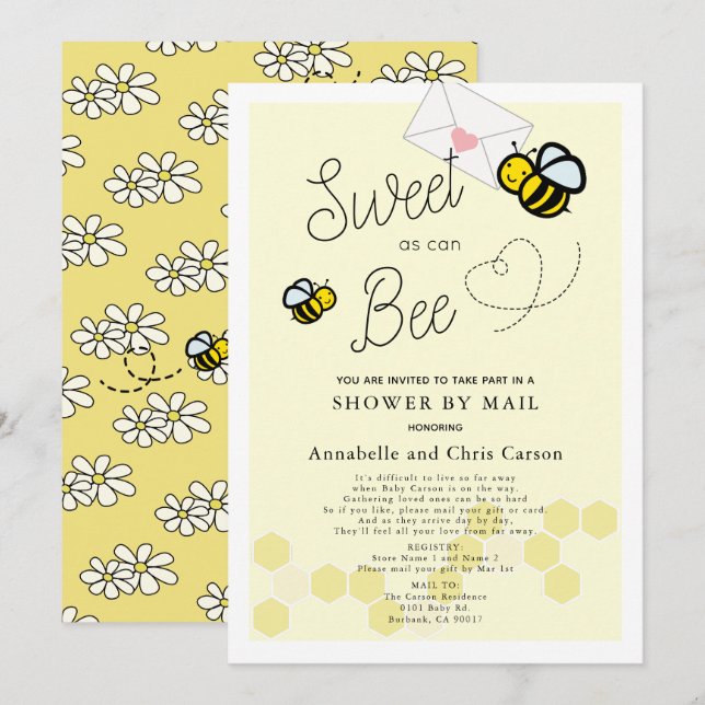 Sweet as can Bee Light Yellow Baby Shower By Mail Invitation (Front/Back)