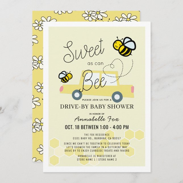 Sweet as can Bee Light Yellow Drive-by Baby Shower Invitation (Front/Back)
