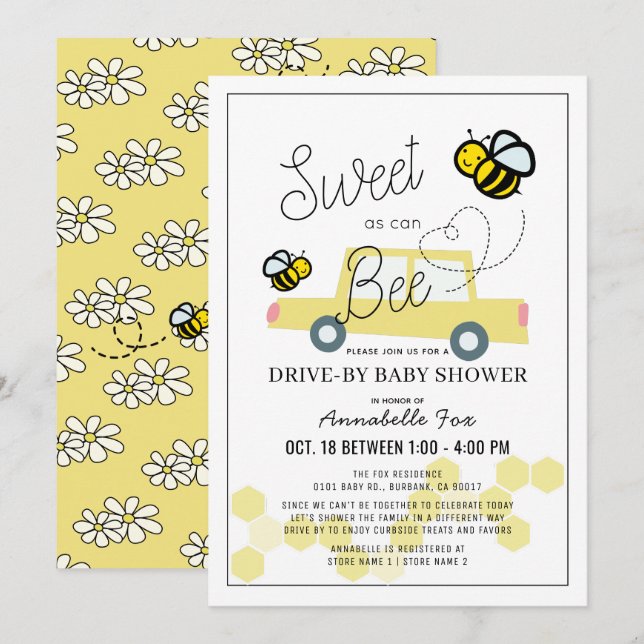 Sweet as can Bee White Drive-by Baby Shower Invitation (Front/Back)