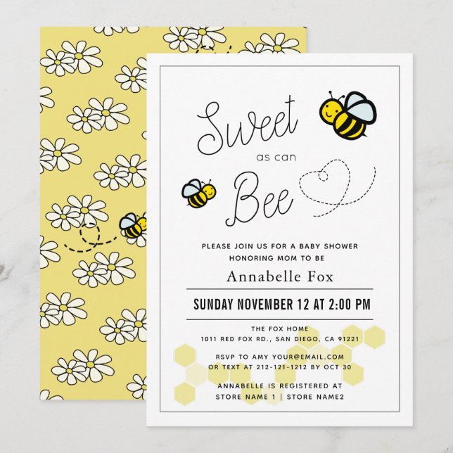 Sweet as can Bee White Yellow Baby Shower Invitation (Front/Back)