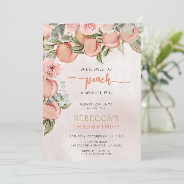 Sweet as Peach Girl Birthday Invitation (Standing Front)