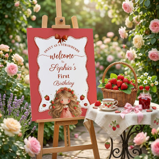 Sweet As Strawberry Girl Watercolor Birthday Poster
