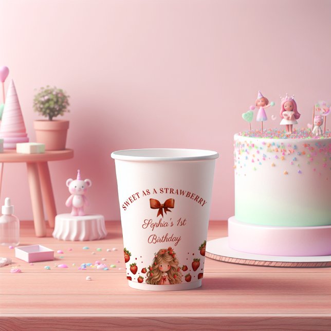 Sweet As Strawberry Red Girl 1st Birthday Party Paper Cups (Creator Uploaded)