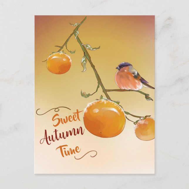Sweet Autumn Cute Orange Persimmon Fruits & Bird  Postcard (Front)