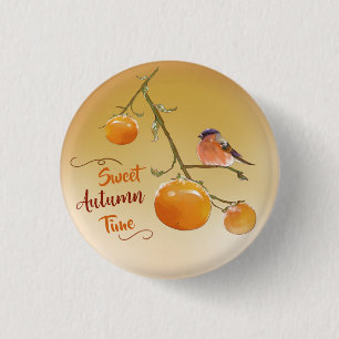 Sweet Autumn Orange Persimmon Fruits & Bird  1 Inch Round Button