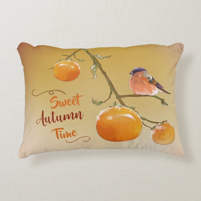 Sweet Autumn Orange Persimmon Fruits & Bird Accent Pillow (Front)