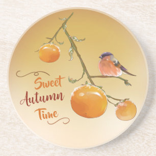 Sweet Autumn Orange Persimmon Fruits & Bird Coaster