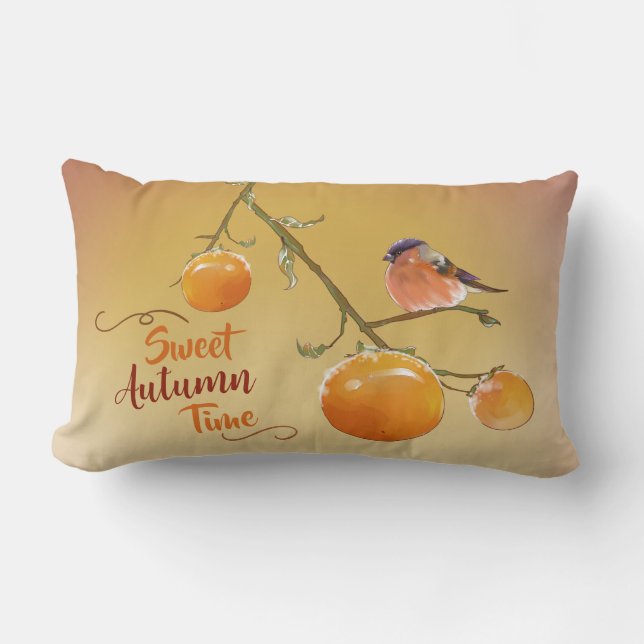 Sweet Autumn Orange Persimmon Fruits & Bird  Lumba Lumbar Pillow (Front)