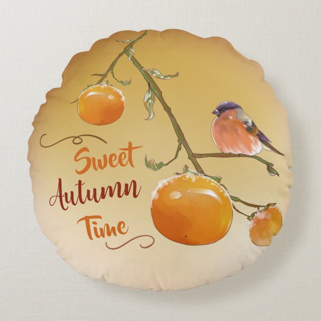 Sweet Autumn Orange Persimmon Fruits & Bird Round  Round Pillow (Front)