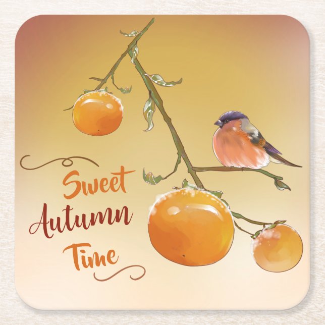 Sweet Autumn Orange Persimmon Fruits & Bird Square Paper Coaster (Front)
