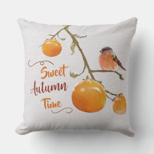 Sweet Autumn Orange Persimmon Fruits & Bird Throw Pillow