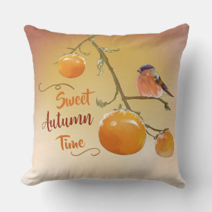 Sweet Autumn Orange Persimmon Fruits & Bird Throw Pillow