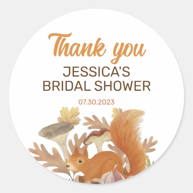 Sweet Autumn Squirrel Fall Season Bridal Shower Classic Round Sticker (Front)
