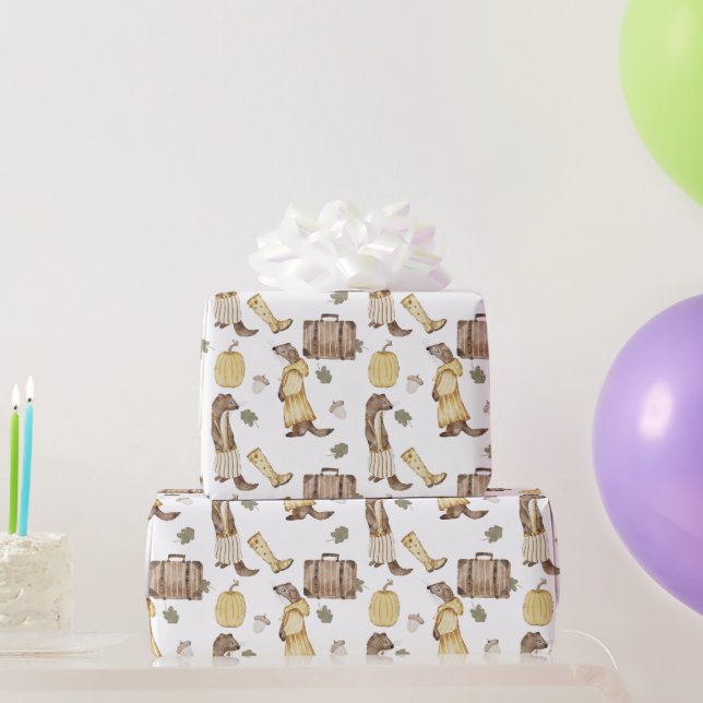 Sweet Autumn Weasels, Rain Boots, Pumpkin Wrapping Paper (Party Gifts)