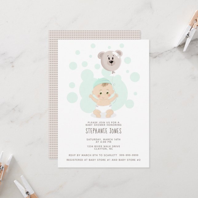 Sweet Baby and Bear Balloon Invitation (Front/Back In Situ)