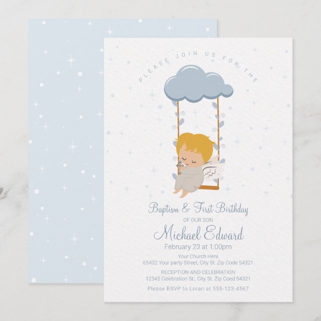 Sweet Baby Angel, First Birthday and Baptism Invitation (Front/Back)