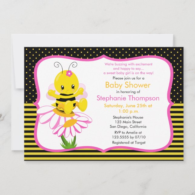 Sweet Baby Bee Girl Baby Shower Invitation (Front)