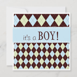Sweet Baby Blue Argyle It's a Boy Baby Shower Invitation