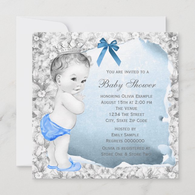 Sweet Baby Boy Blue and Grey Baby Shower Invitation (Front)