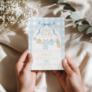 Sweet Baby Boy Blue Clothesline Baby Shower Invitation