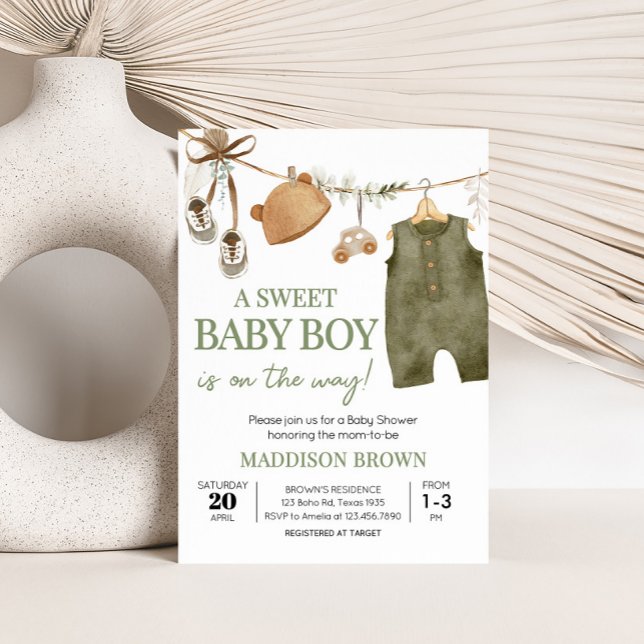 Sweet Baby Boy Boho Clothes Baby Shower Invitation (Boho Clothes Sweet Baby Boy Baby Shower Invitation)