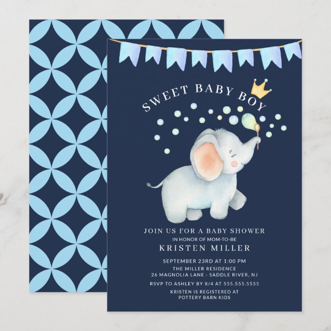 Sweet Baby Boy Elephant Baby Shower Invitation (Front/Back)