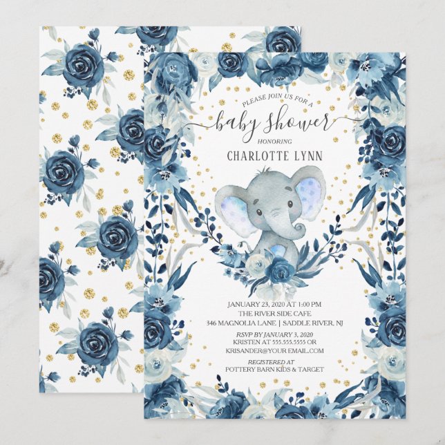 Sweet Baby Boy Elephant Baby Shower Invitation (Front/Back)