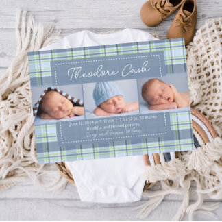 Sweet Baby Boy Plaid Baby Birth Announcement