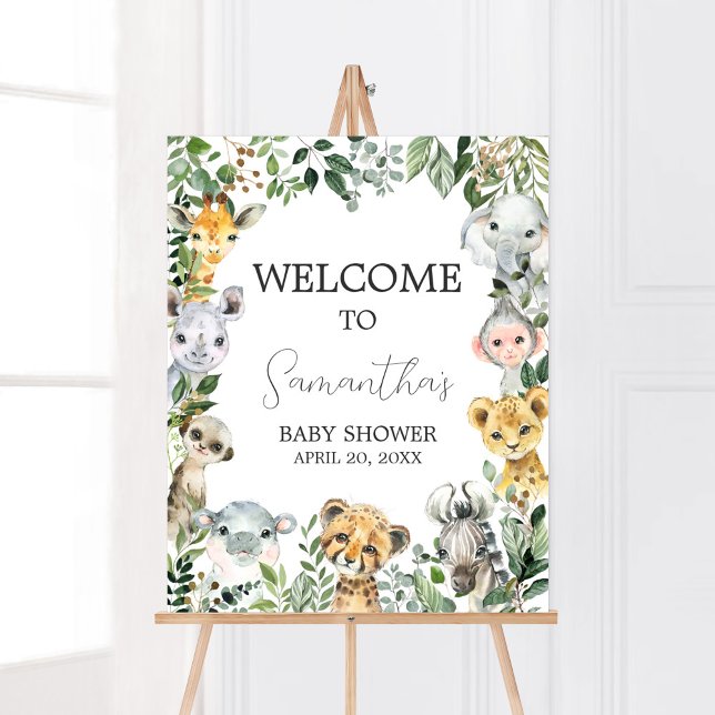 Sweet Baby Boy Safari Baby Shower Welcome Poster (Greenery Safari Animals Baby Shower Welcome Sign)