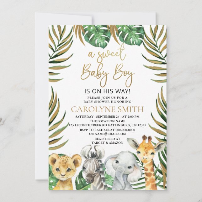 Sweet Baby Boy Safari Jungle Animals Baby Shower Invitation (Front)