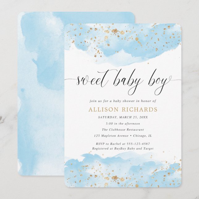 Sweet baby boy watercolor blue gold shower invitation (Front/Back)