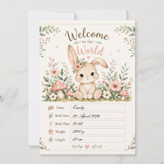 Sweet Baby Bunny Design with Birth Details Fields Invitation