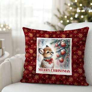 Sweet baby deer snowy forest festive scene kids  throw pillow
