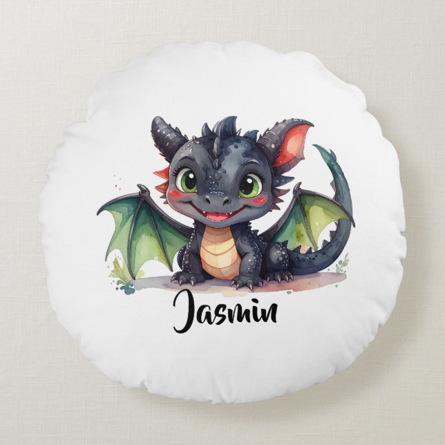 Sweet Baby Dragon Smiling Round Pillow (Front)