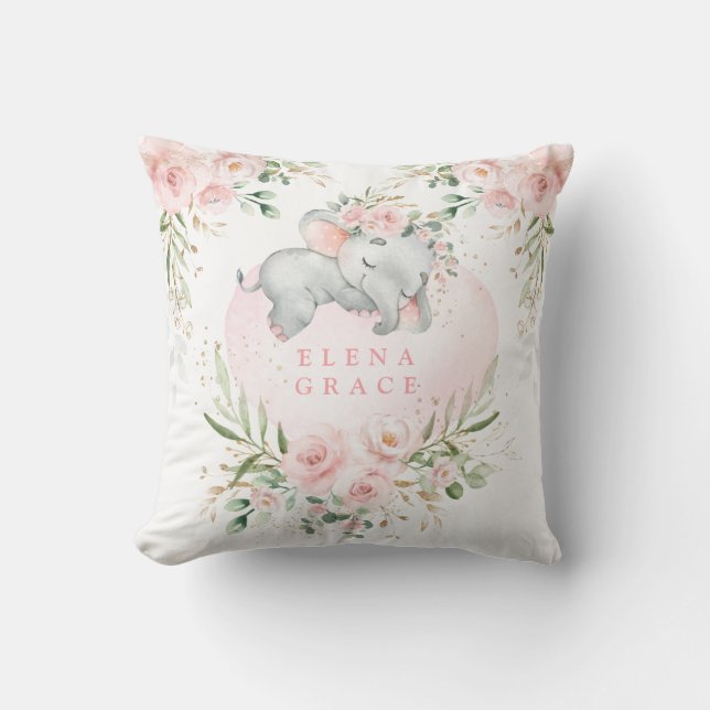 Sweet Baby Elephant Blush Pink Floral Greenery Throw Pillow (Front)