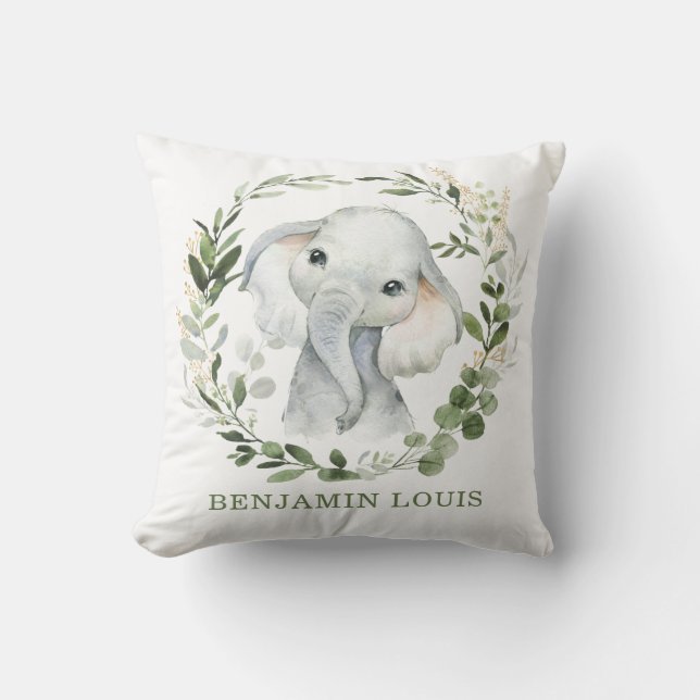 Sweet Baby Elephant Greenery Gold Leaves Nursery Throw Pillow (Front)