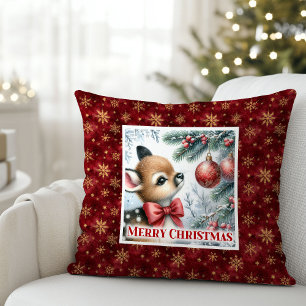 Sweet Baby Fawn Winter Scene Kids Room Decor Xmas Throw Pillow