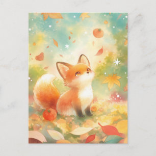 Sweet Baby Fox in Autumn Leaf Meadow Postcard