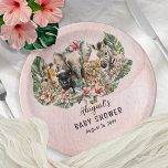 Sweet Baby Girl Animals Tropical Safari Shower Paper Plate<br><div class="desc">A collage of sweet wild safari jungle baby animals -- giraffe,  zebra,  panther,  tiger and elephant -- are nestled cozily among the tropical hibiscus and monstera greenery in this Baby Shower design.  Background is a gradient pink watercolor.    Composite design by Holiday Hearts Designs.</div>