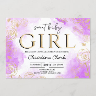 Sweet Baby Girl Baby Shower Purple Gold Elegant Invitation