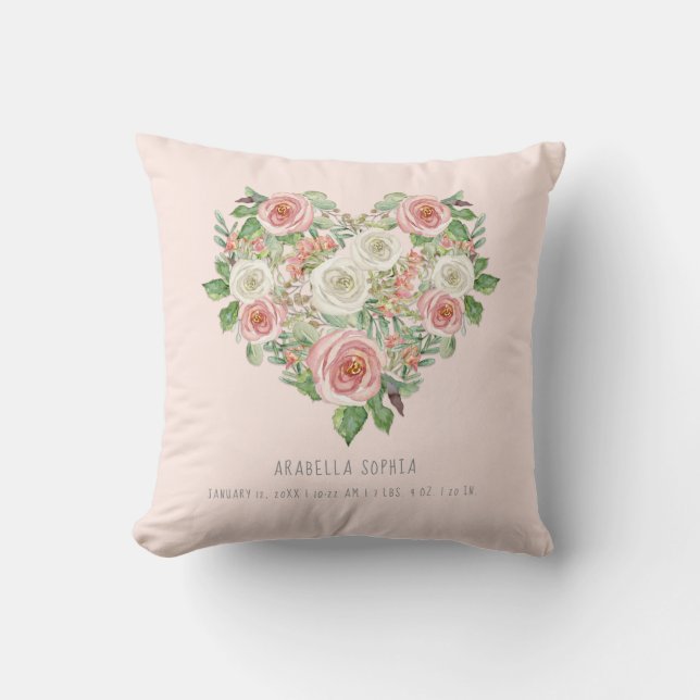 Sweet Baby Girl | Birth Stats Heart Blush Floral Throw Pillow (Front)