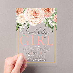 Sweet Baby Girl Elegant Blush Pink Rose Floral  Acrylic Invitations