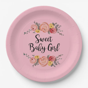 Sweet Baby Girl Flower Painting Pink Paper Plate