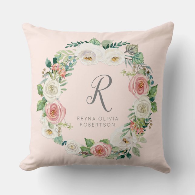 Sweet Baby Girl | Monogram Name Blush Floral Wreat Throw Pillow (Front)