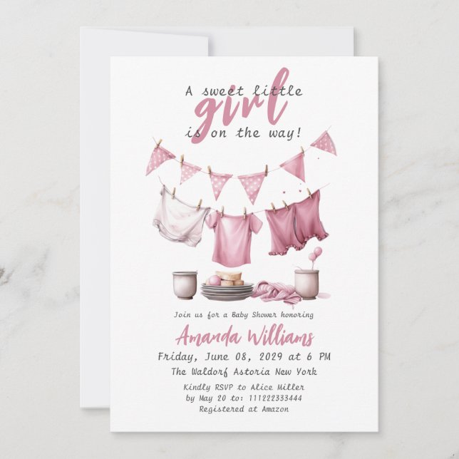 Sweet Baby Girl Pink Boho Clothesline Baby Shower Invitation (Front)