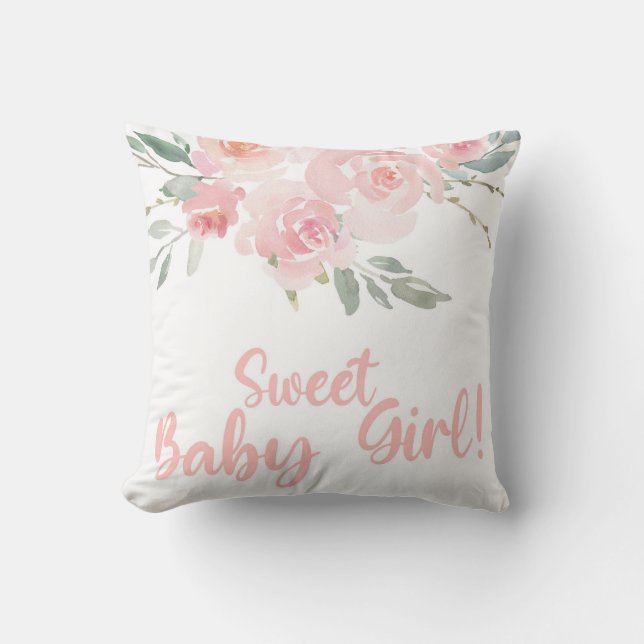 Sweet Baby Girl pink floral baby shower pillow. Throw Pillow (Front)